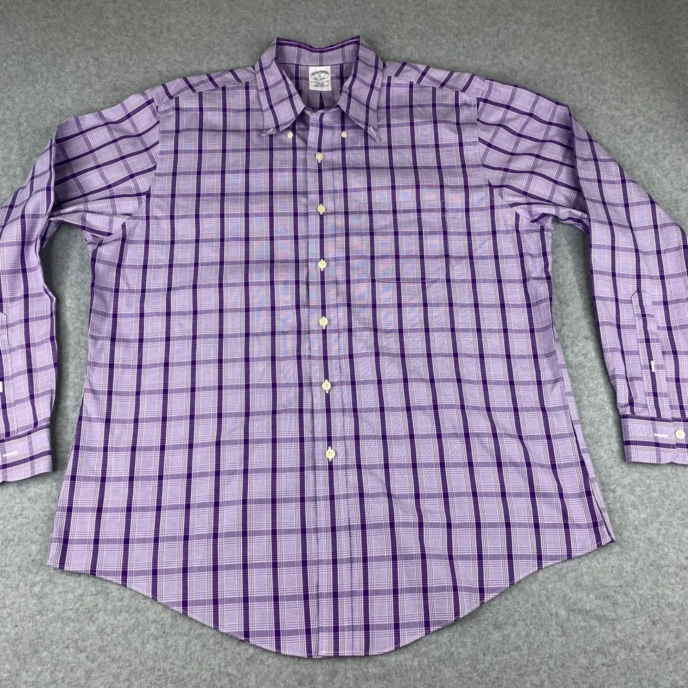 Brooks Brothers Button Down Shirt Mens XL Purple Plaid Slim Fit Non Iron Cotton
